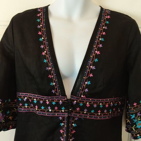Silkland unlined black sequins and embroider three-quarter sleeve linen jacket - Picture 3 of 11